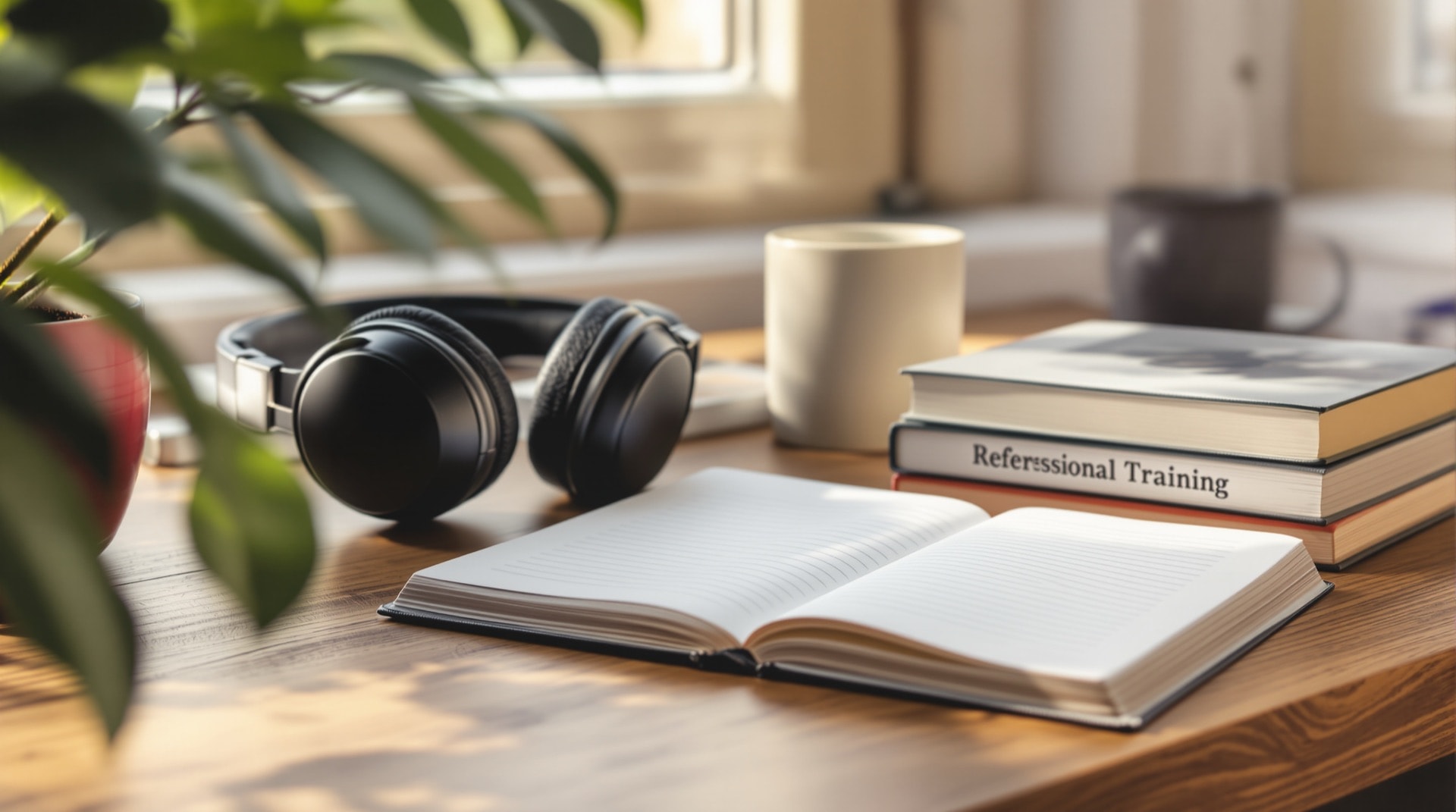 A home study desk with reference books and headphones