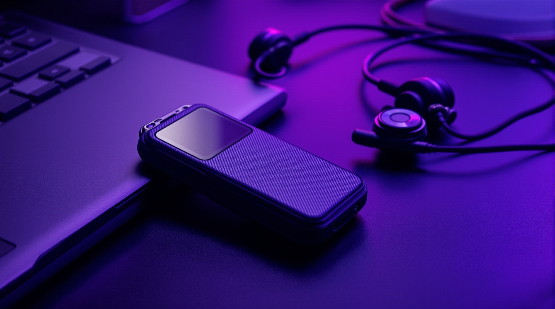 A handheld digital voice recorder on a clinical desk