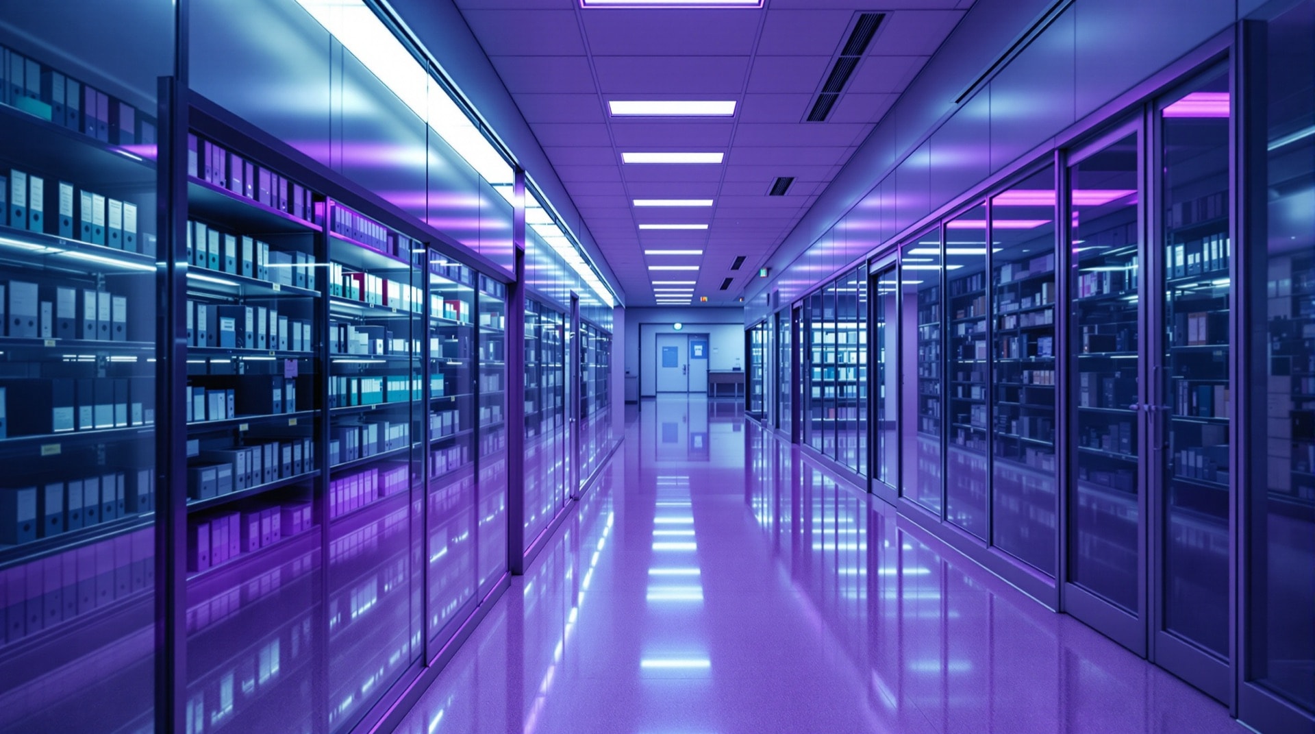 An empty hospital medical records department at night