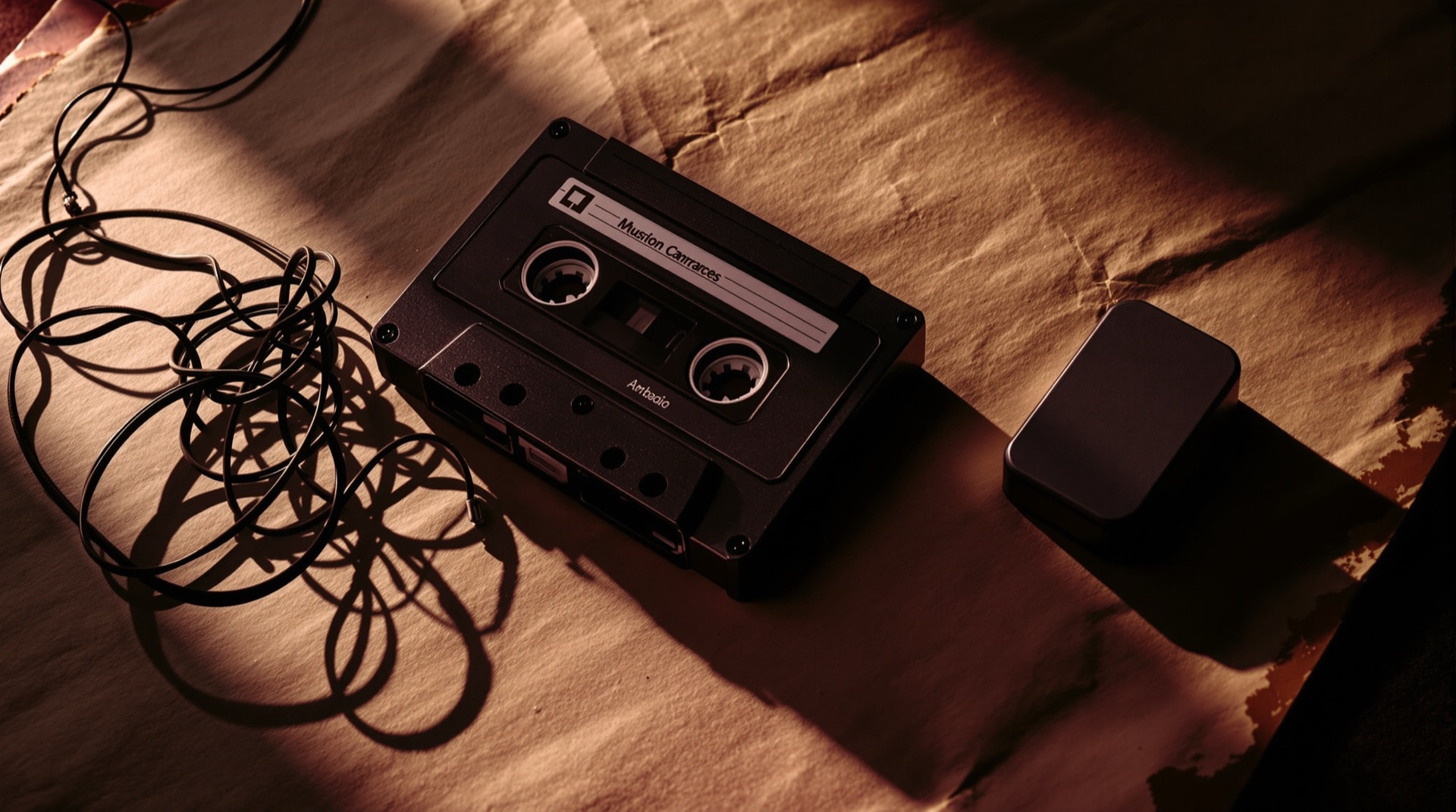 A microcassette and a modern recorder arranged to show the evolution of dictation
