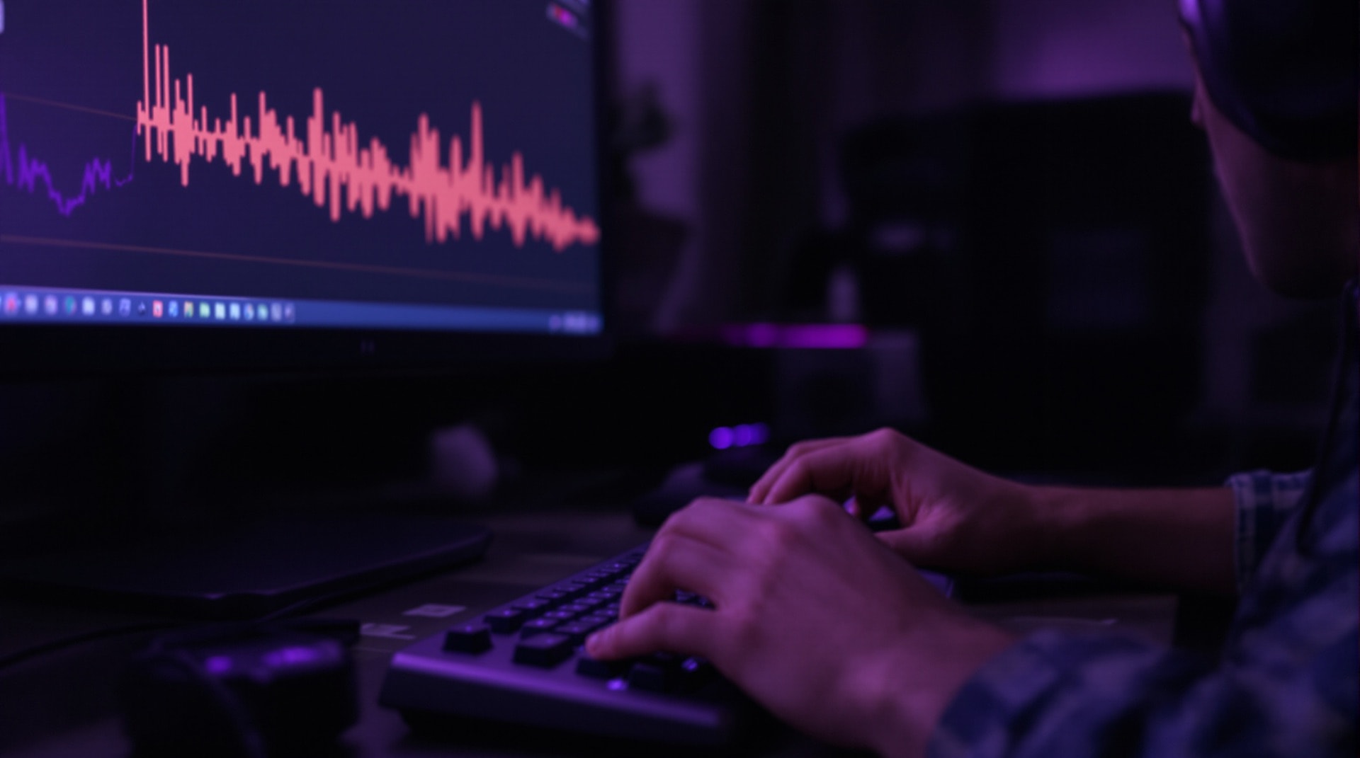 A transcriptionist working at a keyboard with a foot pedal and audio waveform on screen